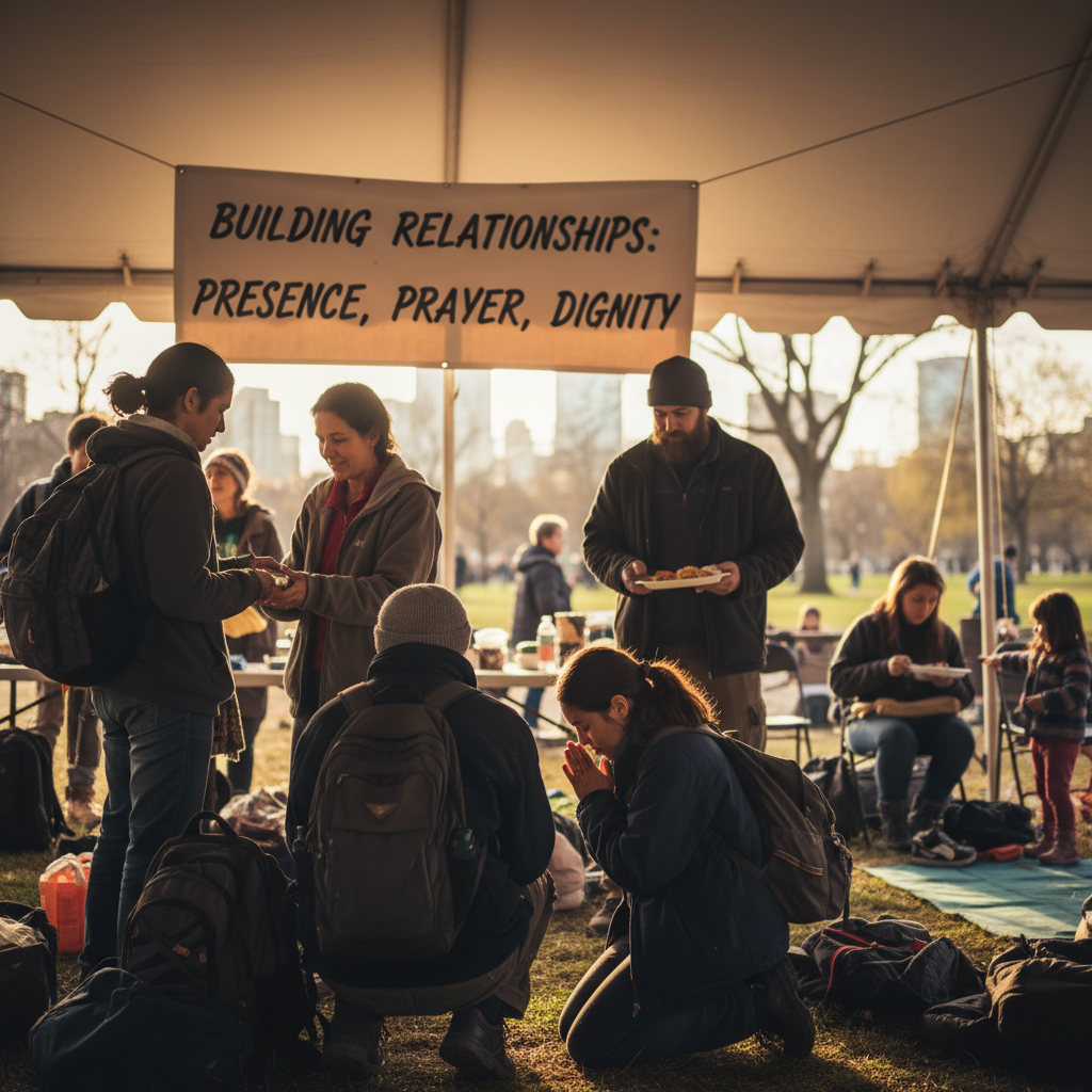 Building Relationships: presence, prayer, dignity. Depict people reflecting those who are homeless, engaging in supportive interactions.