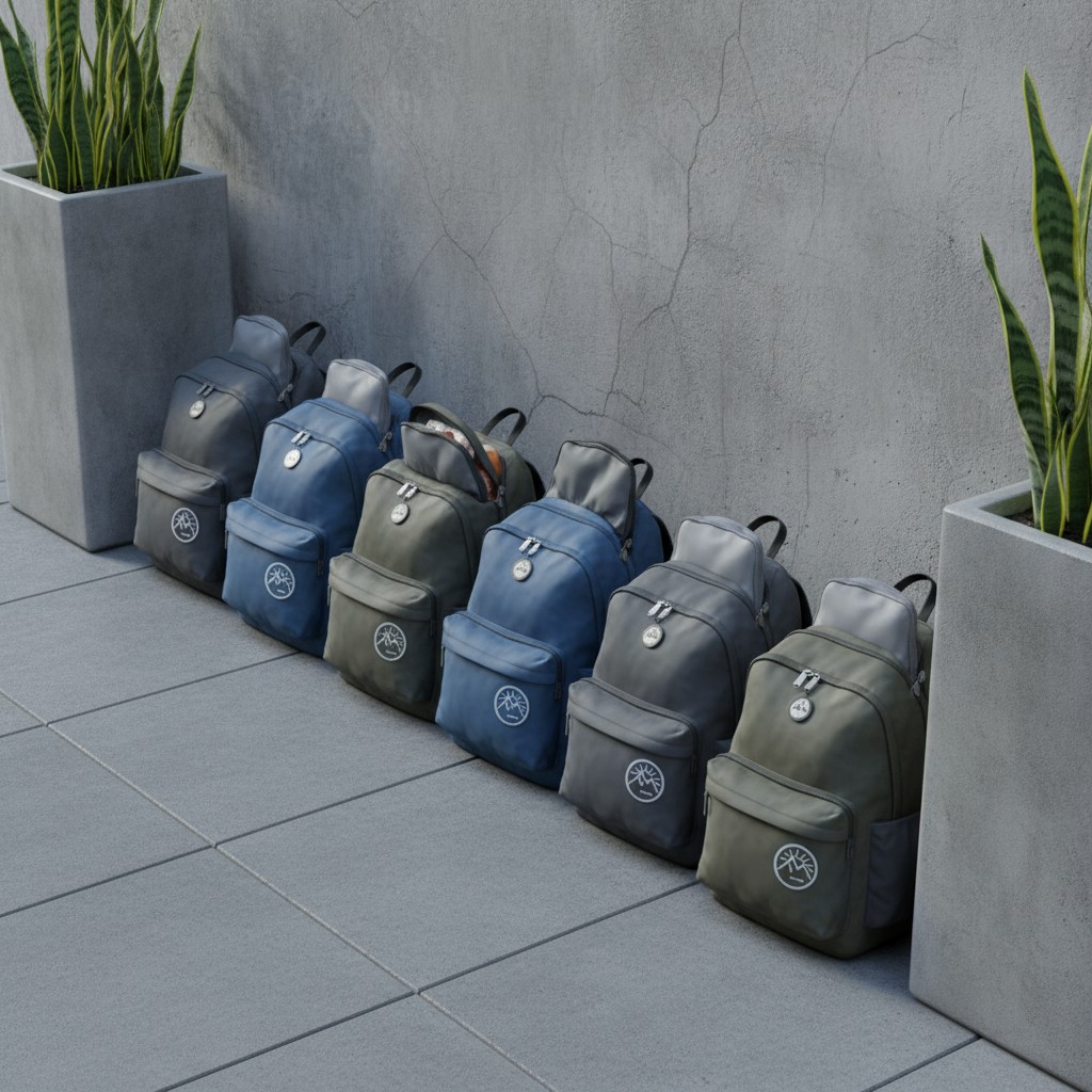 A row of black, grey, and blue backpacks lines a rooftop patio beside two square planter boxes with green plants against a...