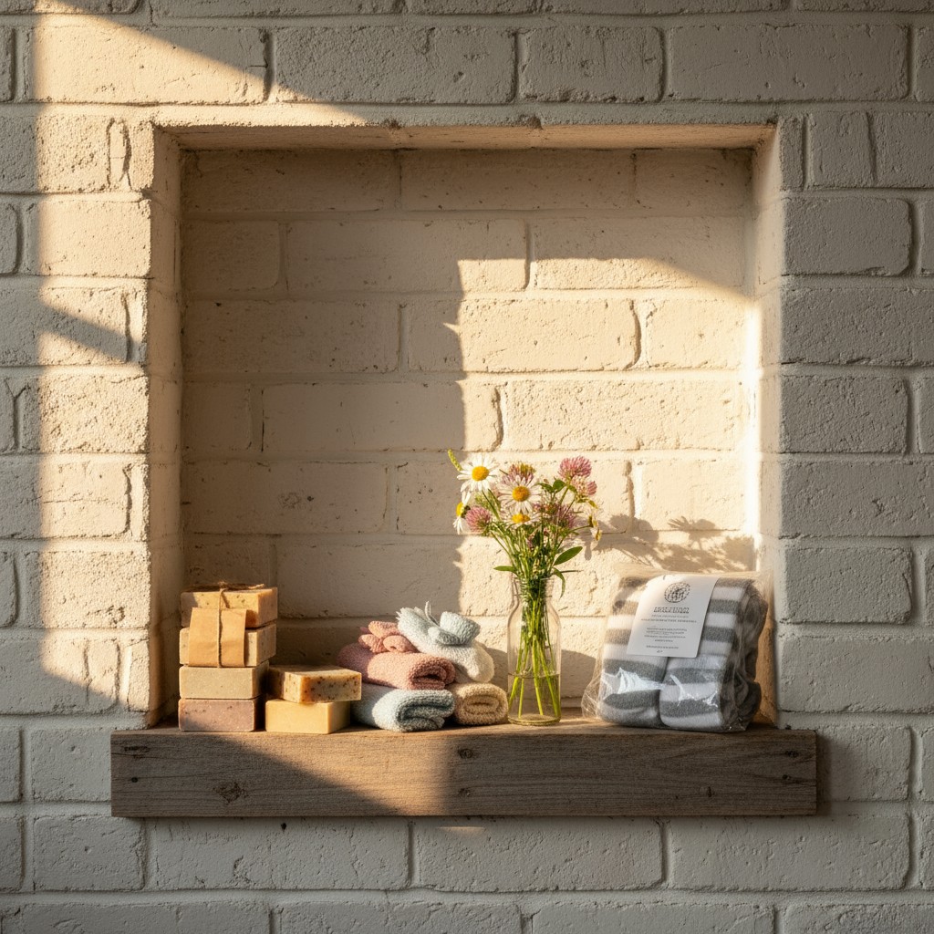 A rustic shelf with handmade soap bars, a stack of differently colored hand towels, a clear glass vase of fresh flowers, a...