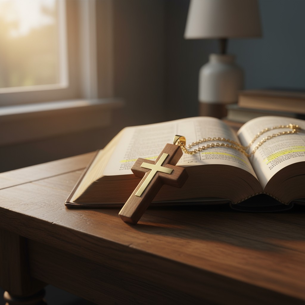 An open Bible and a gold cross necklace on a wooden table, containing indistinct text.